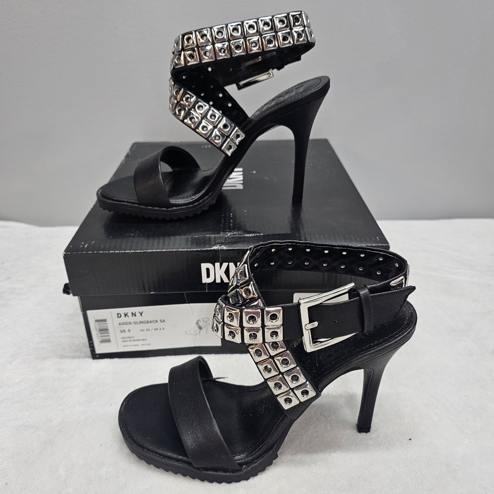 DKNY Womens Black Studded High Heel Sandals With Buckle Detail Sz 5 NEW